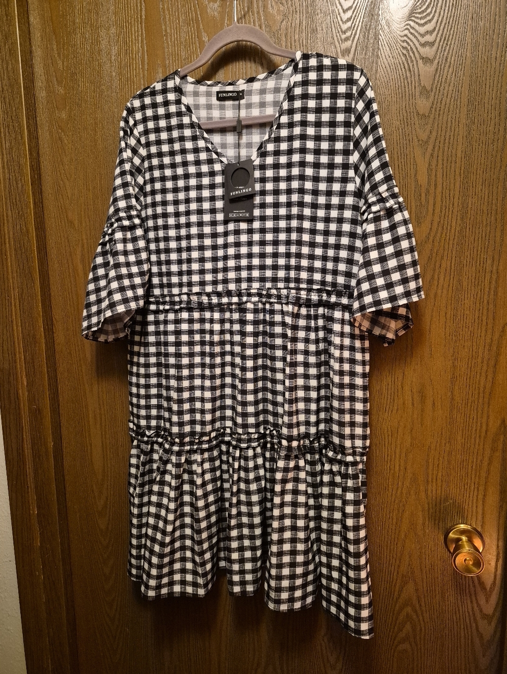 NWT Funlingo Black & White Gingham Checkered Tiered Dress Size M